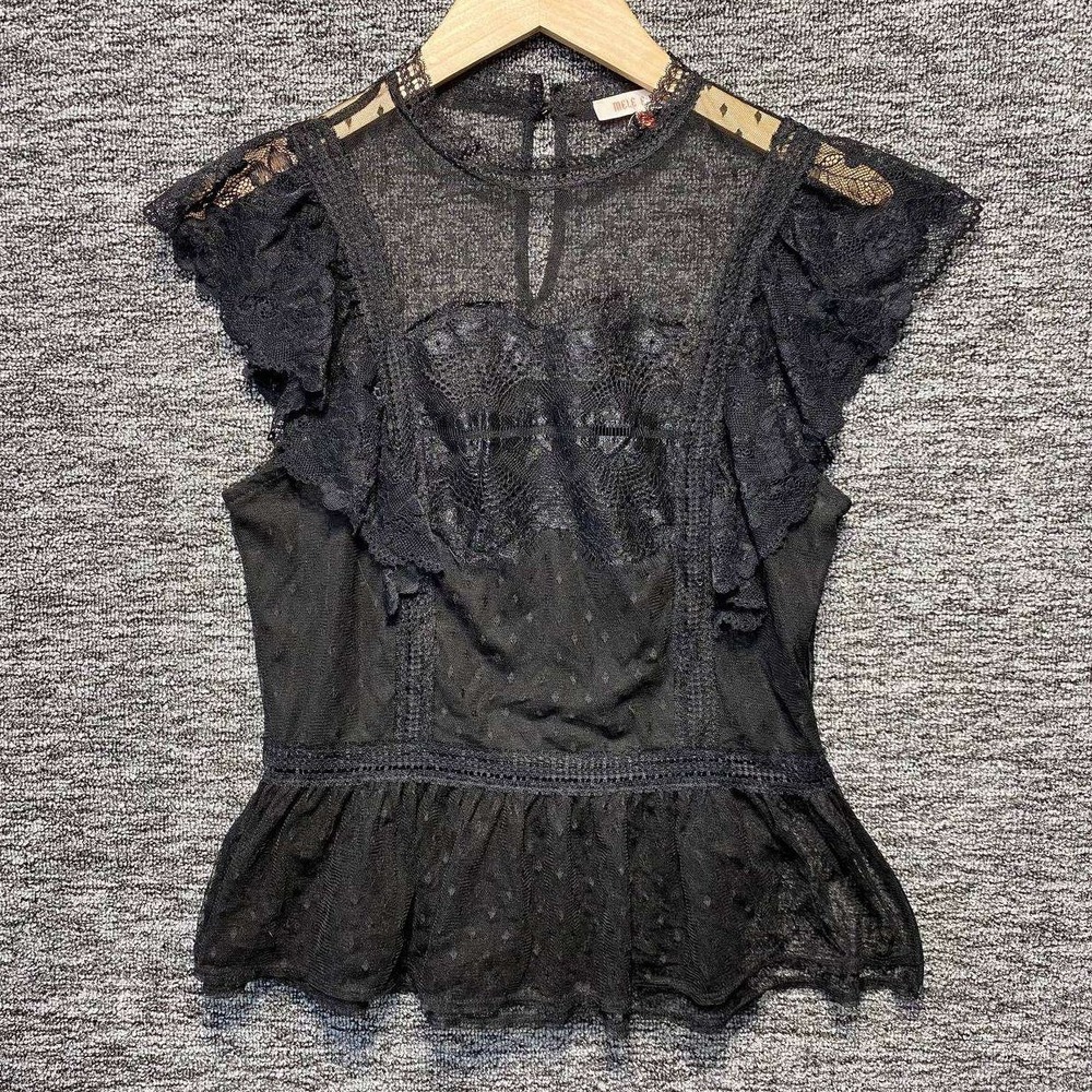 Mele E Pere Lace Peplum Top Womens Medium Black Sheer Mesh Ruffle Romantic Goth